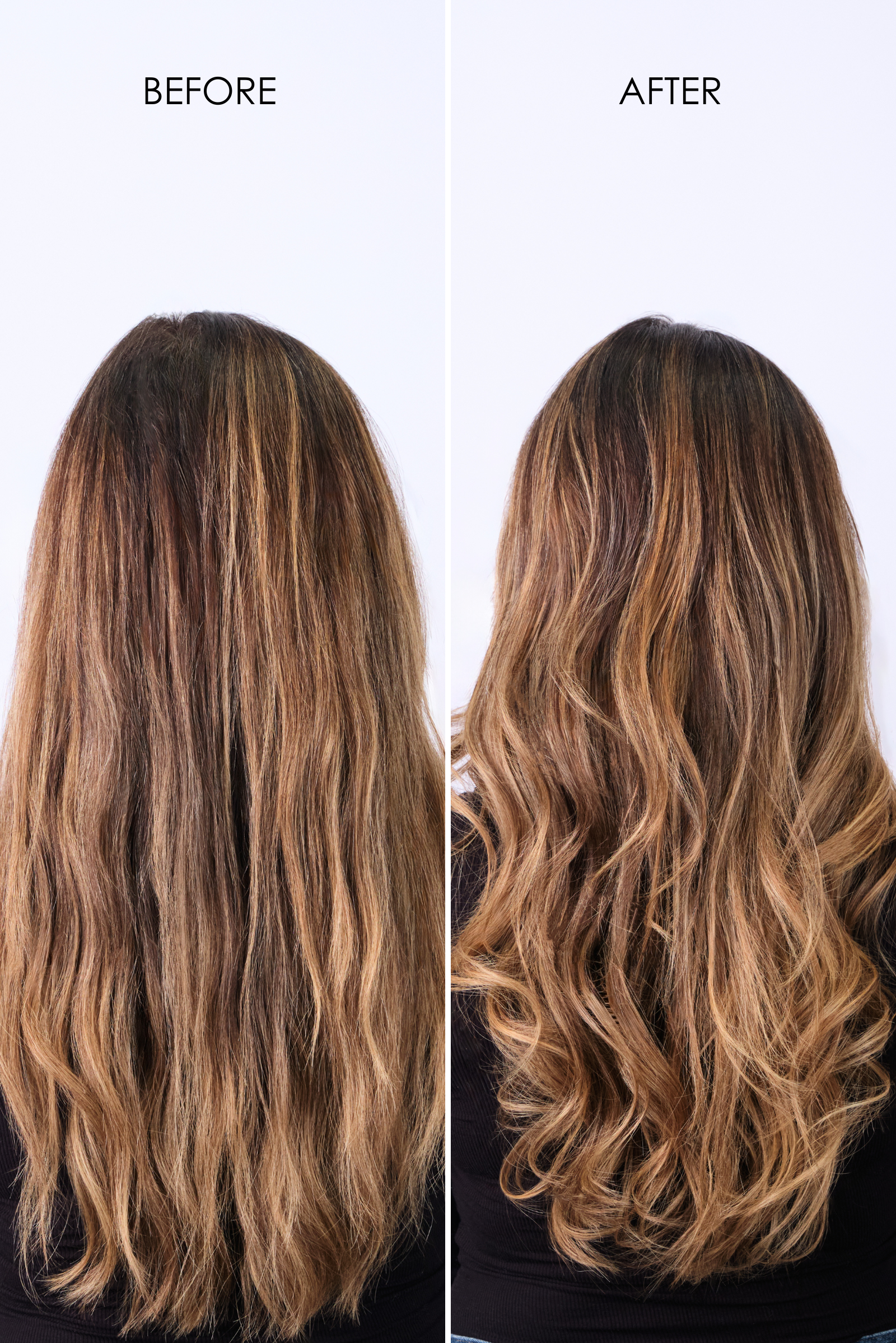 Prorituals hair treatment before and after results. Side-by-side image showing hair transformation and shine.